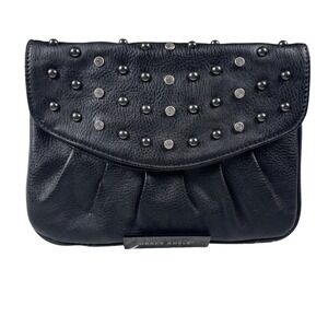 Grace Adele Black Pebbled Leather Studded Crystal Crossbody Clutch Bag Small